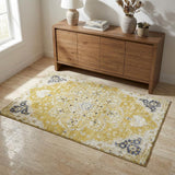 3' X 5' Yellow And Charcoal Oriental Shag Washable Area Rug With UV Protection