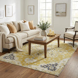 5' X 8' Yellow And Charcoal Oriental Shag Washable Area Rug With UV Protection