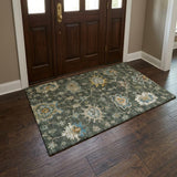 3' X 5' Green And Navy Blue Oriental Shag Washable Area Rug With UV Protection