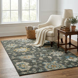 5' X 8' Green And Navy Blue Oriental Shag Washable Area Rug With UV Protection