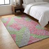 3' X 5' Pink And Lime Green Striped Shag Washable Area Rug With UV Protection