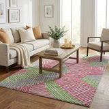 5' X 8' Pink And Lime Green Striped Shag Washable Area Rug With UV Protection