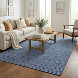 5' X 8' Navy Blue And Ivory Striped Shag Washable Area Rug With UV Protection