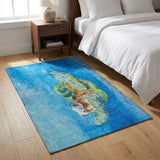 3' X 5' Blue And Denim Blue Animal Print Shag Washable Area Rug With UV Protection
