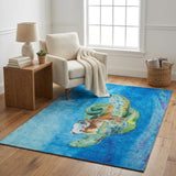 5' X 8' Blue And Denim Blue Animal Print Shag Washable Area Rug With UV Protection