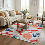 5' X 8' Ivory And Red Animal Print Shag Washable Area Rug With UV Protection