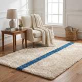 5' X 8' Ivory And Navy Blue Geometric Shag Washable Area Rug With UV Protection
