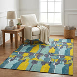5' X 8' Blue And Yellow Geometric Shag Washable Area Rug With UV Protection