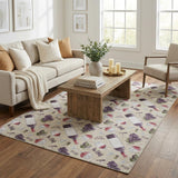 5' X 8' Ivory And Purple Botanical Leaves Shag Washable Area Rug With UV Protection