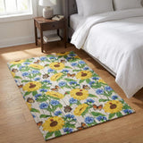 3' X 5' Yellow And Ivory Floral Shag Washable Area Rug With UV Protection