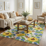 5' X 8' Yellow And Ivory Floral Shag Washable Area Rug With UV Protection