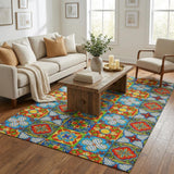 5' X 8' Blue And Red Floral Shag Washable Area Rug With UV Protection