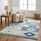 5' X 8' Blue And Denim Blue Geometric Shag Washable Area Rug With UV Protection