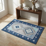 3' X 5' Blue And Denim Blue Geometric Shag Washable Area Rug With UV Protection