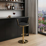 Black And Gold Velvet And Metal Low Back Adjustable Height Swivel Bar Chair