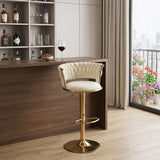 Beige And Gold Velvet And Metal Low Back Adjustable Height Swivel Bar Chair