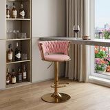 Pink And Gold Velvet And Metal Low Back Adjustable Height Swivel Bar Chair