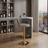 Gray And Gold Velvet And Metal Low Back Adjustable Height Swivel Bar Chair