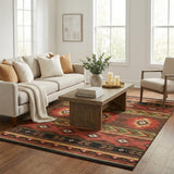 5' X 8' Brown And Red Geometric Shag Washable Area Rug With UV Protection