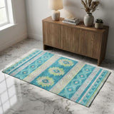 3' X 5' Teal And Lime Green Geometric Shag Washable Area Rug With UV Protection