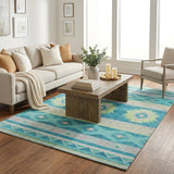 5' X 8' Teal And Lime Green Geometric Shag Washable Area Rug With UV Protection