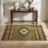 3' X 5' Green And Burgundy Geometric Shag Washable Area Rug With UV Protection