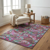 5' X 8' Raspberry And Red Abstract Shag Washable Area Rug With UV Protection