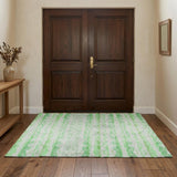 3' X 5' Green And Ivory Striped Shag Washable Area Rug With UV Protection