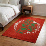 3' X 5' Red And Ivory Floral Shag Washable Area Rug With UV Protection