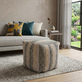 18" Beige Black and Gray Cotton Blend Striped Cube Pouf Ottoman