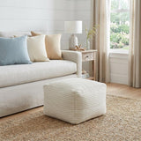 18" Sage Green and Ivory Cotton Blend Striped Cube Pouf Ottoman