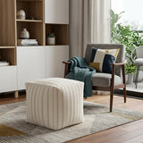 18" Beige and Ivory Cotton Blend Striped Cube Pouf Ottoman