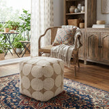 18" Beige Khaki and Natural Cotton Blend Geometric Cube Pouf Ottoman