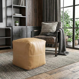 18" Tan Faux Leather Cube Pouf Ottoman