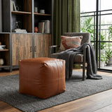 18" Brown Faux Leather Cube Pouf Ottoman