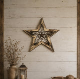 20" X 20" Natural And Brown Wood And Iron Star Hanging Dimensional Sculpture