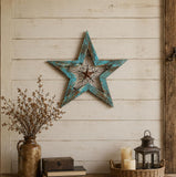 20" X 20" Turquoise And Brown Wood And Iron Star Hanging Dimensional Sculpture