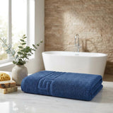 Set of Three Navy Blue Greek Key Turkish Cotton 60" X 40" Bath Sheet