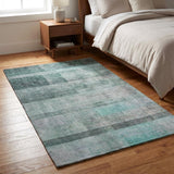 3' X 5' Teal And Gray Geometric Shag Washable Area Rug With UV Protection