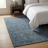 3' X 5' Teal And Navy Blue Geometric Shag Washable Area Rug With UV Protection