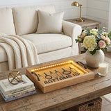 16" Natural And Black Wood Bottoms Up Wine Serving Tray With Handles And LED Lights