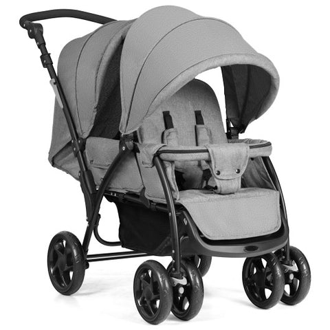 Foldable Lightweight Front Back Seats Double Baby Stroller-Gray Foldable