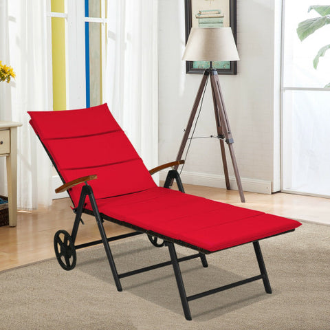 Folding Patio Rattan Lounge Chair with Wheels-Red Folding Patio Rattan