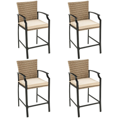 Patio Rattan Bar Stools Set of 4 with Soft Cushions Patio Rattan Bar Stools