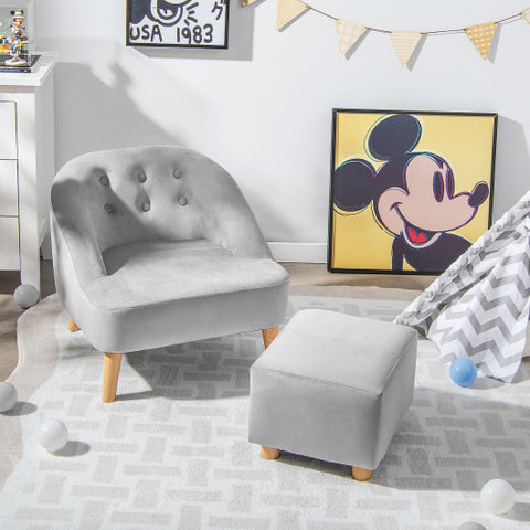 Soft Velvet Upholstered Kids Sofa Chair with Ottoman-Gray Soft Velvet