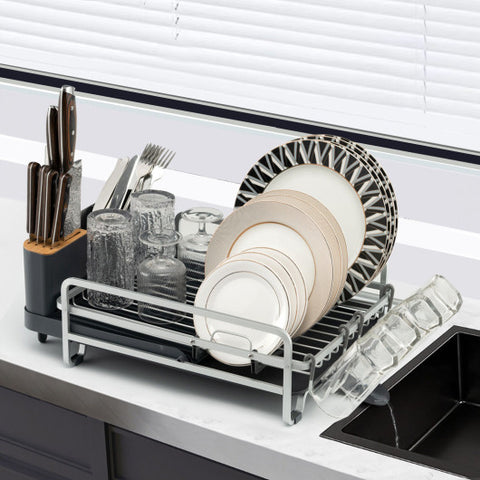 Aluminum Expandable Dish Drying Rack with Drainboard and Rotatable Drainage