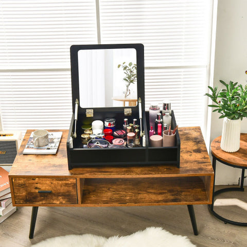 Compact Bay Window Makeup Dressing Table with Flip-Top Mirror-Black Compact