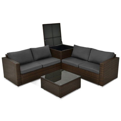 4 Pieces Patio Rattan Cushioned Furniture Set with Armrest and Storage