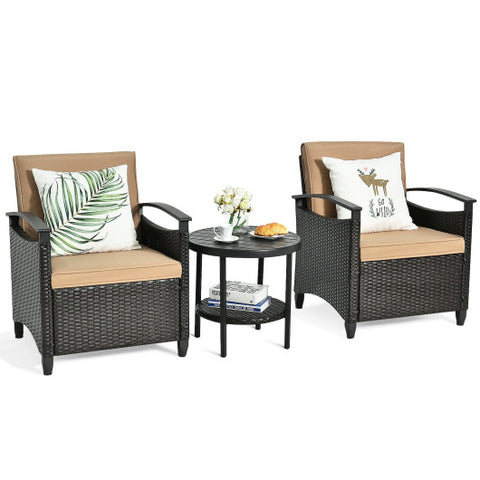 3 Pieces Patio Rattan Furniture Set Cushioned Sofa Storage Table with Shelf