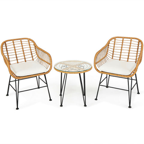 3 Pieces Rattan Furniture Set with Cushioned Chair Table-White 3 Pieces